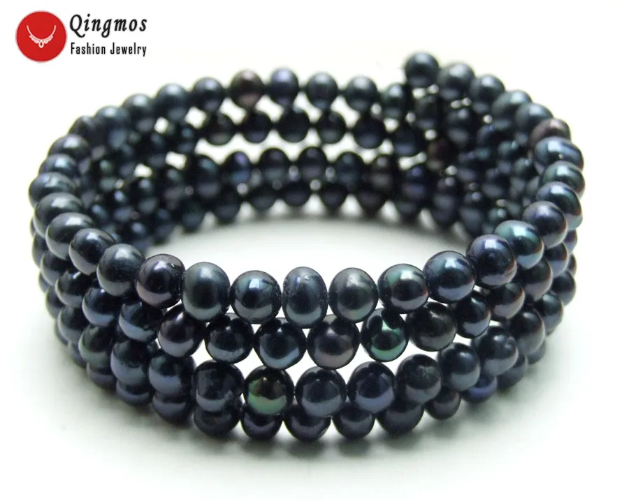 Qingmos Trendy Natural Pearl Bracelets for Women with 4-5mm Round Black Steel Wire Wrap Bracelet Fine Jewelry 28'' bra446 |