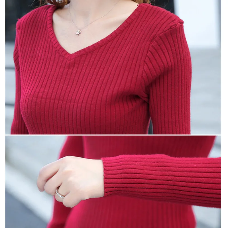 Женское трикотажное платье свитер с V образным вырезом и длинными рукавами|knitted