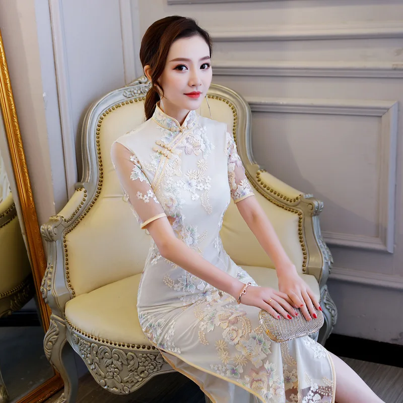 Новые сексуальные кружевные женские длинные Cheongsam вышитые китайские