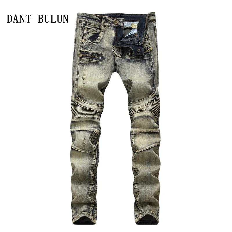 Дант Булун Для мужчин Джинсы для женщин плиссированные Motorycle Biker Denim Мотобрюки