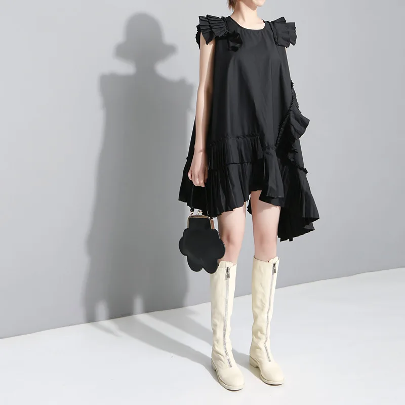 black TWOTWINSTYLE Korean Solid Sleeveless Dress For Women O Neck Off Shoulder Oversized Ruffles Asymmetrical Dresses Female - Цвет: black
