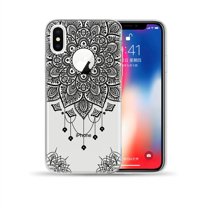 Черный сексуальный цветочный ТПУ чехол для iPhone XR XS Max 5 5S SE X 6 6S 7 8 Plus Мандала