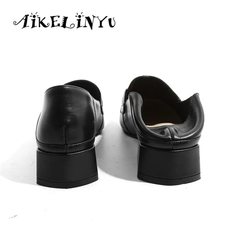 AAIKELINYU Новые женские туфли-лодочки коровья кожа мода металлической цепью удобные Обувь на квадратном каблуке, без шнуровки, на Повседневное ручной работы; женские туфли-лодочки