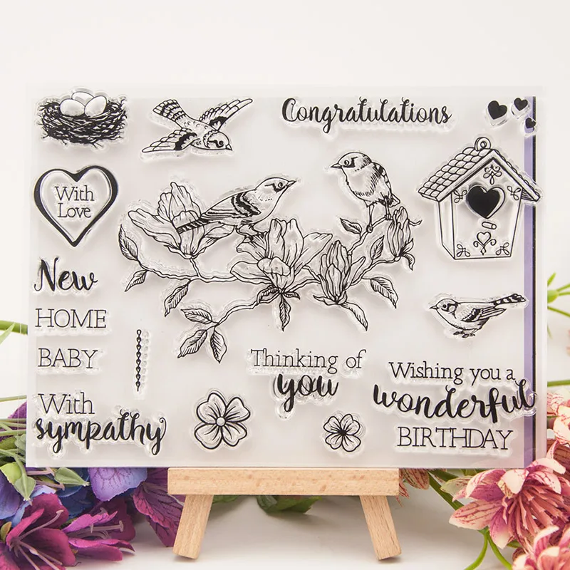 Птица дом цветок слова прозрачный силиконовый штамп для печати DIY Скрапбукинг