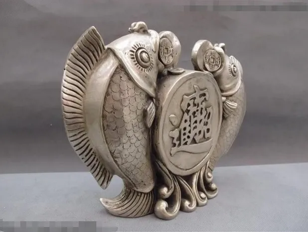 YM 312 China White Copper Silver Lucky Feng Shui Coin Money wealth Two carp Fish Statue | Дом и сад