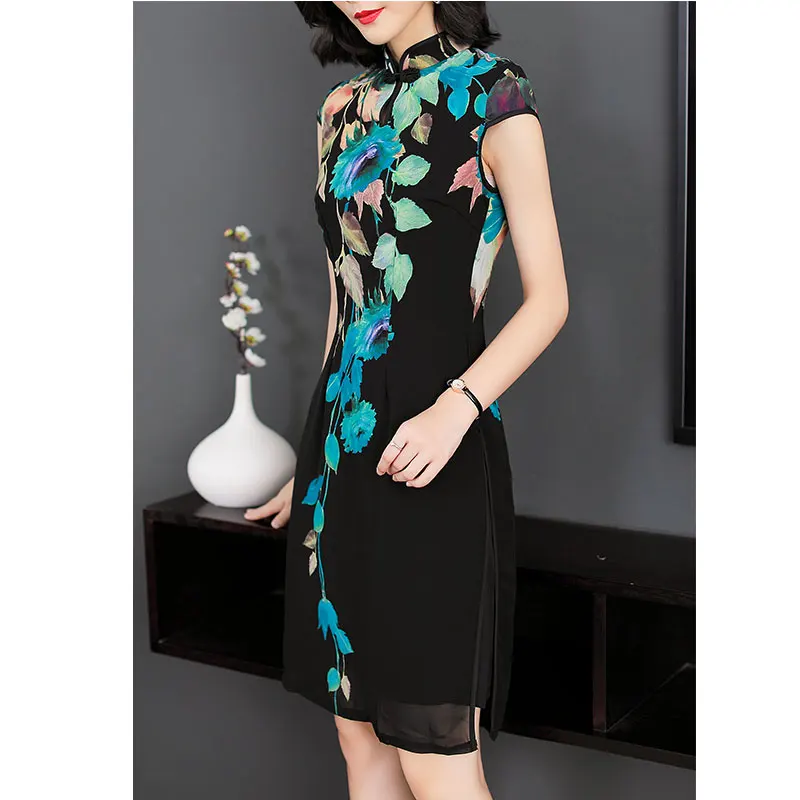 Новый китайский стиль лето вышитые Cheongsam средней длины для похудения Кружева Vestido