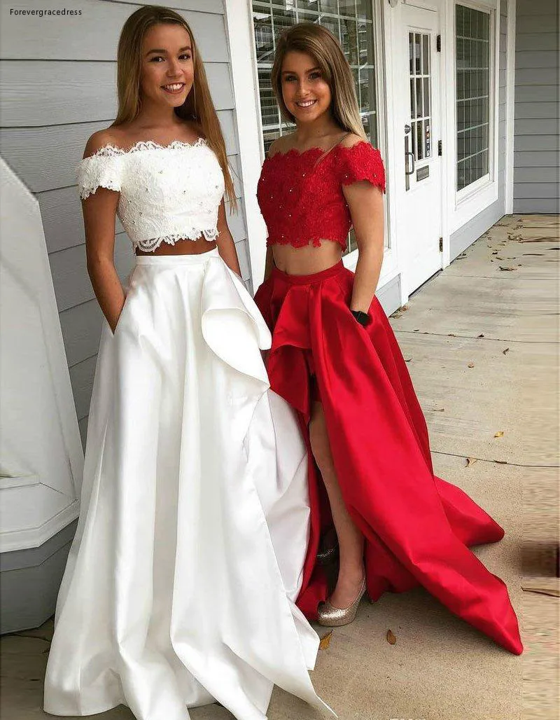 2019 Cheap Two Pieces Prom Dress Off the Shoulder Appliques Pageant Holidays Graduation Wear Evening Party Gown Plus Size