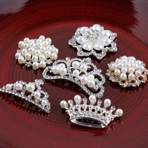 

(100pcs/lot) 6Styles DIY Metal Clear Decorative Rhinestone Pearl Buttons Alloy Crystal Flatback Crown/Tiara For Wedding Brooches