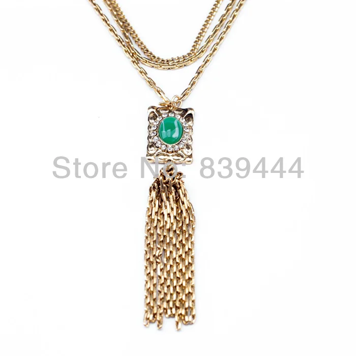 Конкурентоспособная цена зеленый камень кисточка золотого цвета ожерелья |