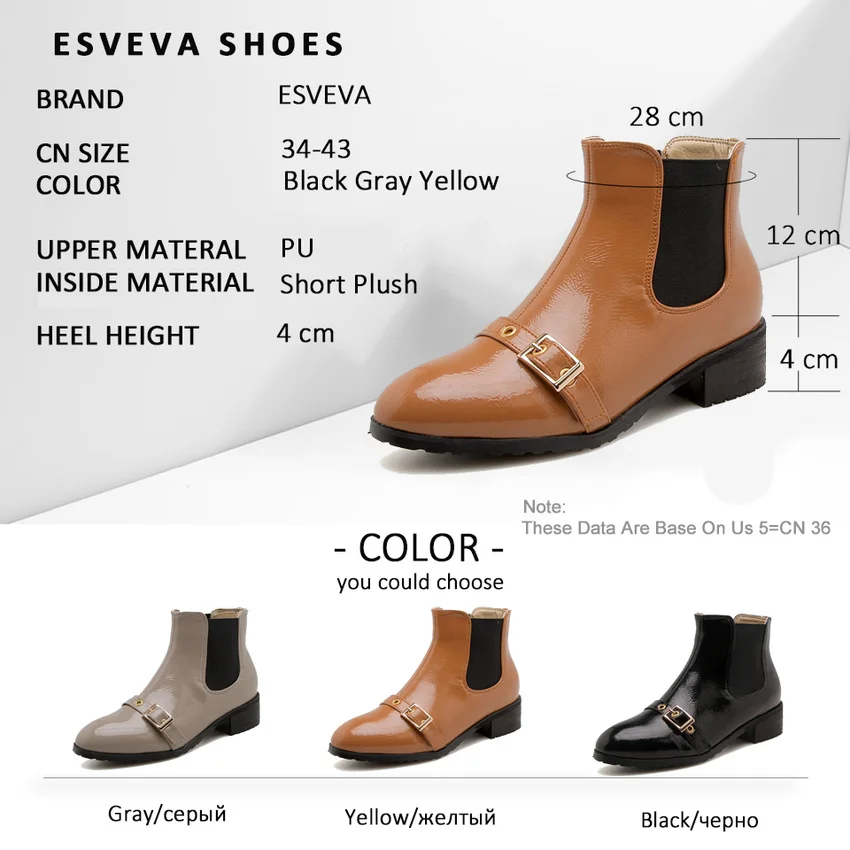

ESVEVA 2019 Women Boots Buckle PU Shoes Ankle Boots Elastic Band Elegant Square High Heels Round Toe Woman Shoes Size 34-43