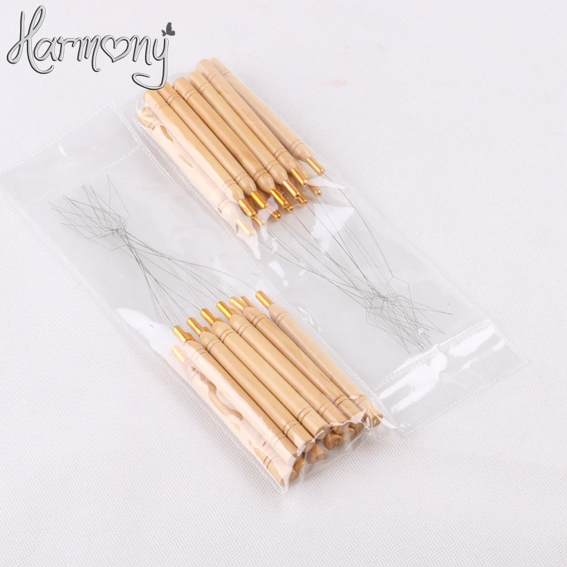 12Pcs stainless steel Pulling nano Loop Threader Beads Loader For Bamboo Handle Nano Micro Ring Tip hair extensions tool