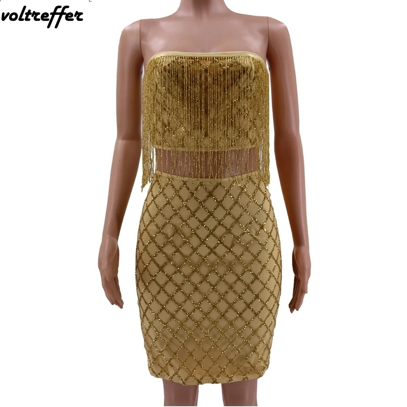 Золотые кисточки без бретелек из двух частей Bodycon Бандажное платье мини миди