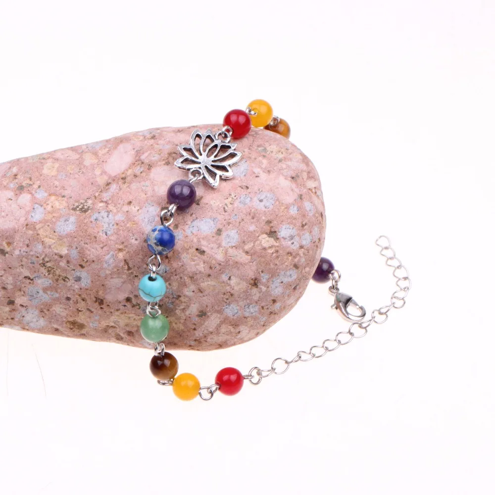 Silver Plated Handmade Chakra Yoga Barefoot Anklet for Woman Lotus Adjustable Foot Chain Natural Stone Jewelry Sandal | Украшения и