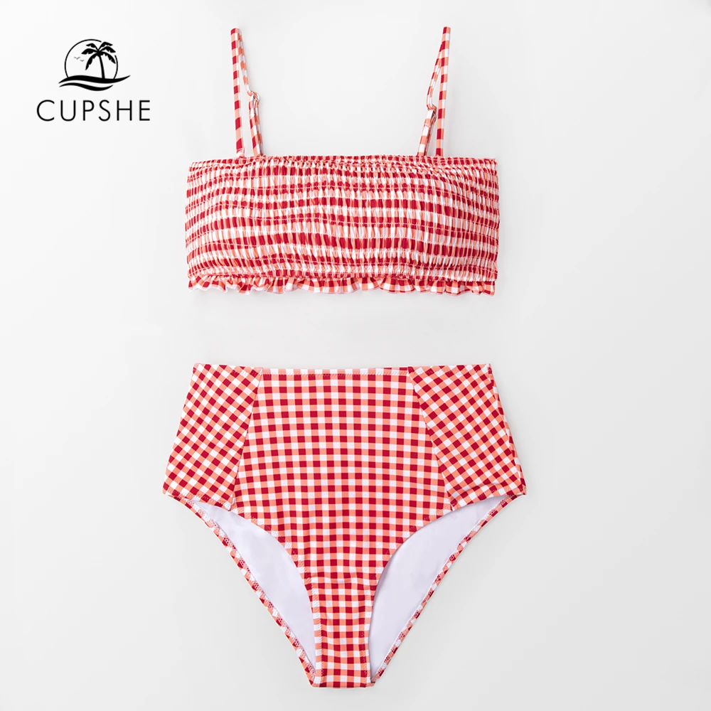 CUPSHE пикантные туфли с красной Gingham Smocked бандо Бикини комплекты Для женщин милые Высокая Талия Двойка купальники Для Девочек Пляжные купальные костюмы