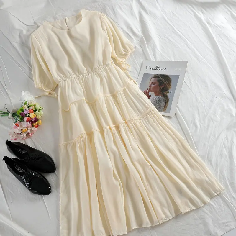 Women Dress Женское летнее Плиссированное бальное платье с круглым вырезом и коротким рукавом-фонариком, повседневное облегающее платье-пуловер с высокой талией на шнуровке - Цвет: Women Dress