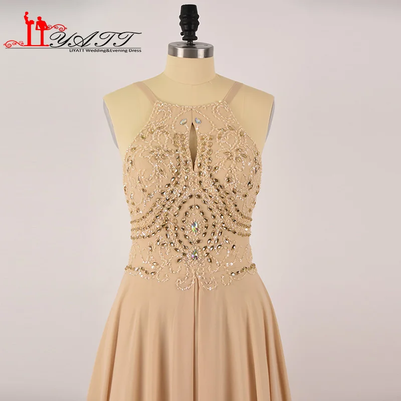 LIYATT настоящая фотография Шампанское Холтер декольте Кристалл бусины спинки