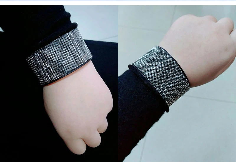 LEMOER 2019 Fashion Bohemian Handmade Full Rhinestone Gravel Stone Wide Leather Bracelets &amp Bangles Wristband Jewelry for Women |