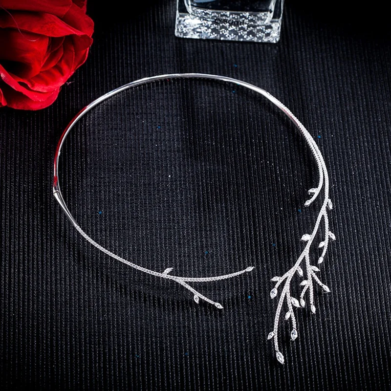 Роскошные листья ветви дерева манжеты воротник ожерелье 925 пробы серебро проложили кубический цирконий