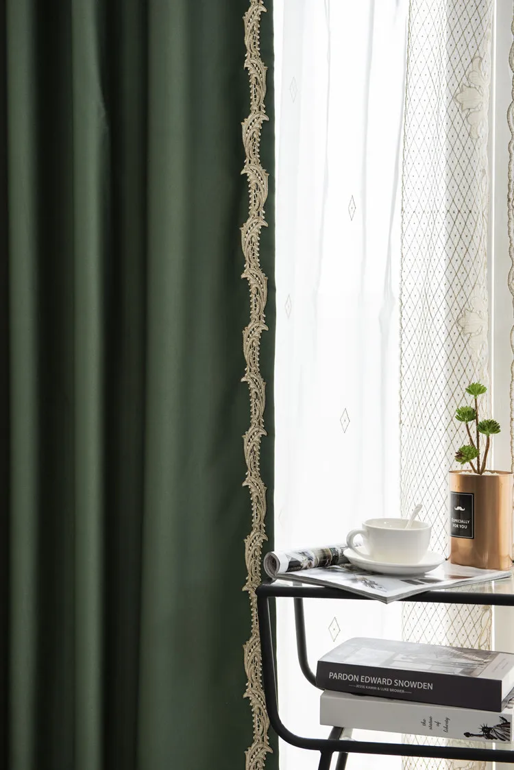 New Arrival Chinese Style Luxury Faux Silk Dark Green Window Curtains for Living Room Bedroom Embroidery Lace Drape