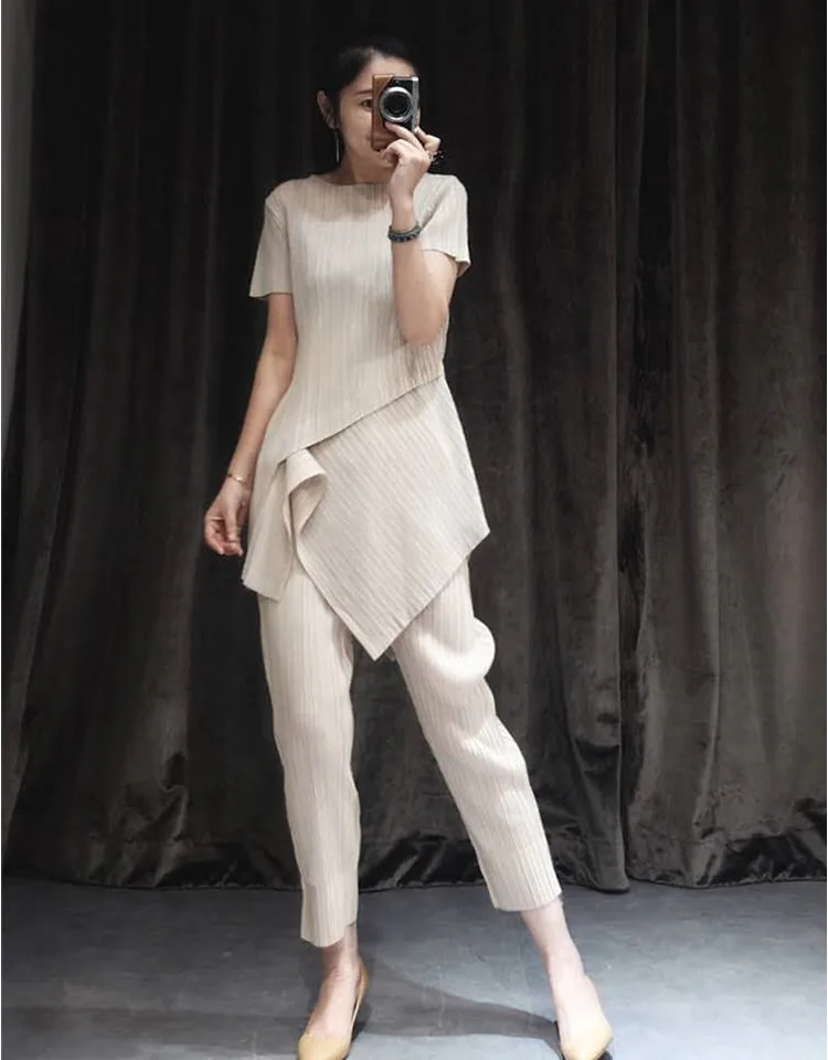 Changpleat летний женский комплект из двух предметов Miyak плиссированные модные однотонные футболки с круглым вырезом и штаны большие эластичные женские костюмы S9