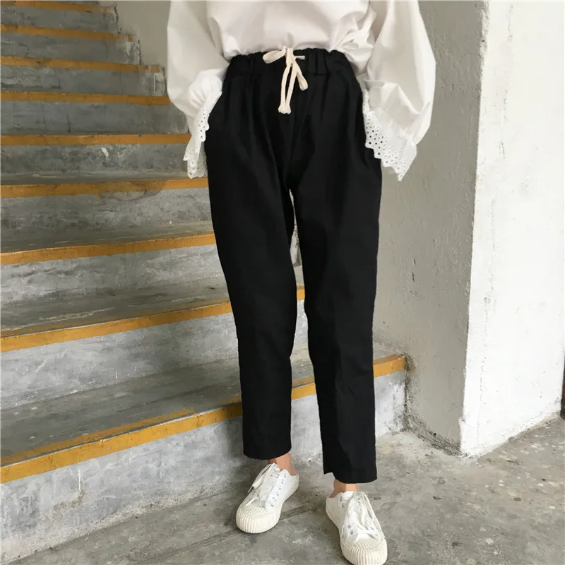 

Pants Women New Ankle-Length Trousers Loose Drawstring Pockets Solid Color High Womens Simple Leisure All-match Trendy Ladies