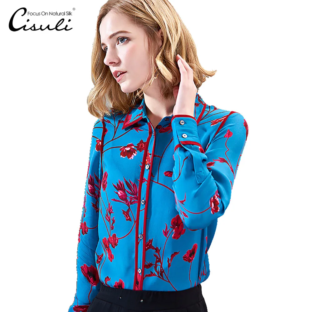 

CISULI Women Summer Shirt 100% Silk Crepe Printed Blouse Long Sleeve Women Top New Desigual 2019 Spring