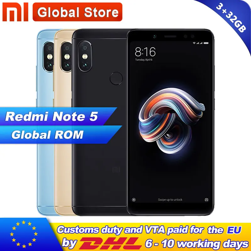 Имеются на складе! Xiaomi Redmi Note 5 3 ГБ 32 телефон Snapdragon S636 Восьмиядерный MIUI9 99 &quot2160*1080