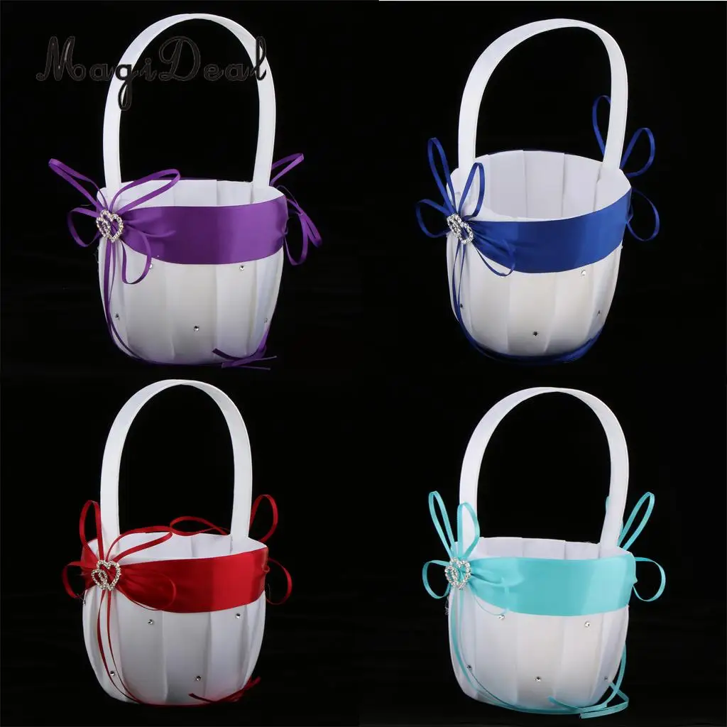 MagiDeal Elegant Satin Wedding Flower Girl Basket Double Heart Rhinestone DIY for Bridal Engagement Hen Night Party Decoration | Дом и сад