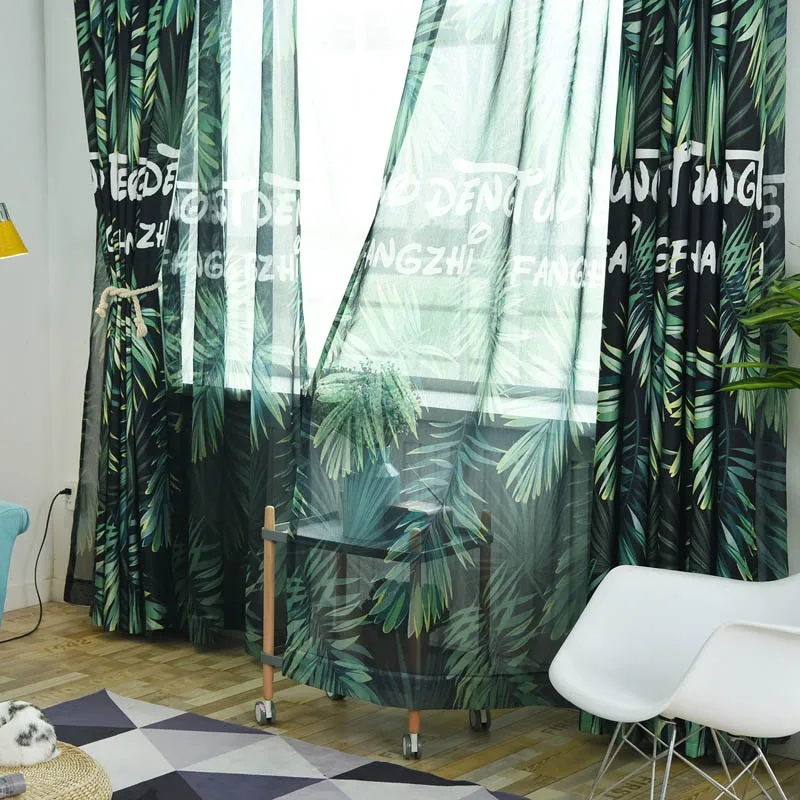 Nordic Style Unique Digital Printing Tropical Rainforest Leaves Tulle Curtains For Living Room Shade Blackout Curtains WP028-40