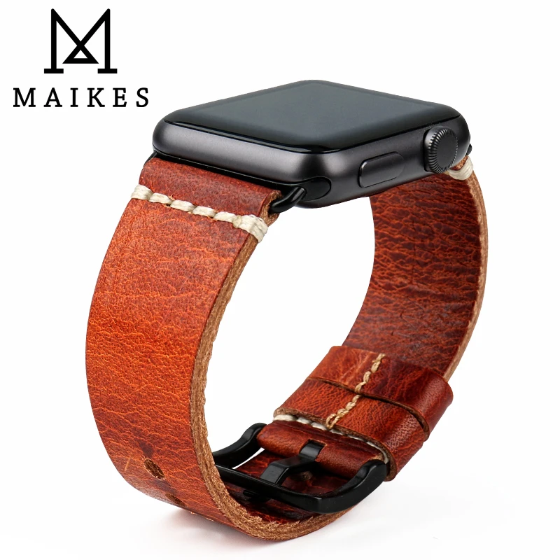 MAIKES Vintage Oil Wax Leather Watchband For Apple Watch Strap 49mm 45mm 44mm 40mm 42mm 38mm iWatch SE Series 8 7 6 5 4 3 2 1