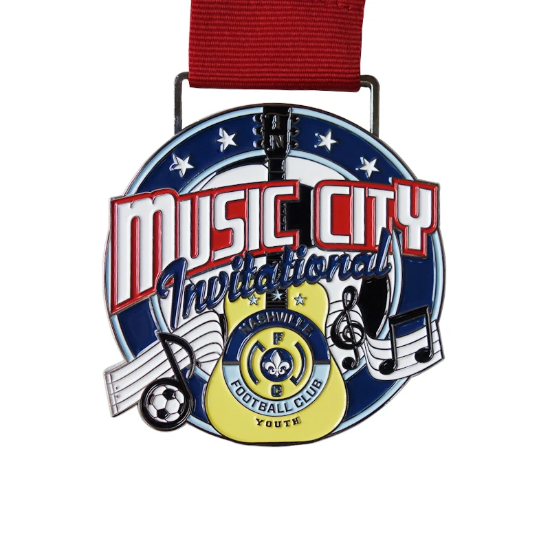 

Custom 2D Music Design Promotional Souvenir Medal with red ribbons
