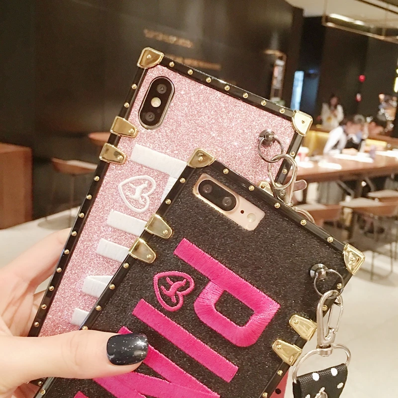 Luxury PINK Glitter Embroidery Leather Lanyard Brand Case for iPhone XR Max 7 8 6 s Plus X Samsung S8 S9 Note8 9 Secret |