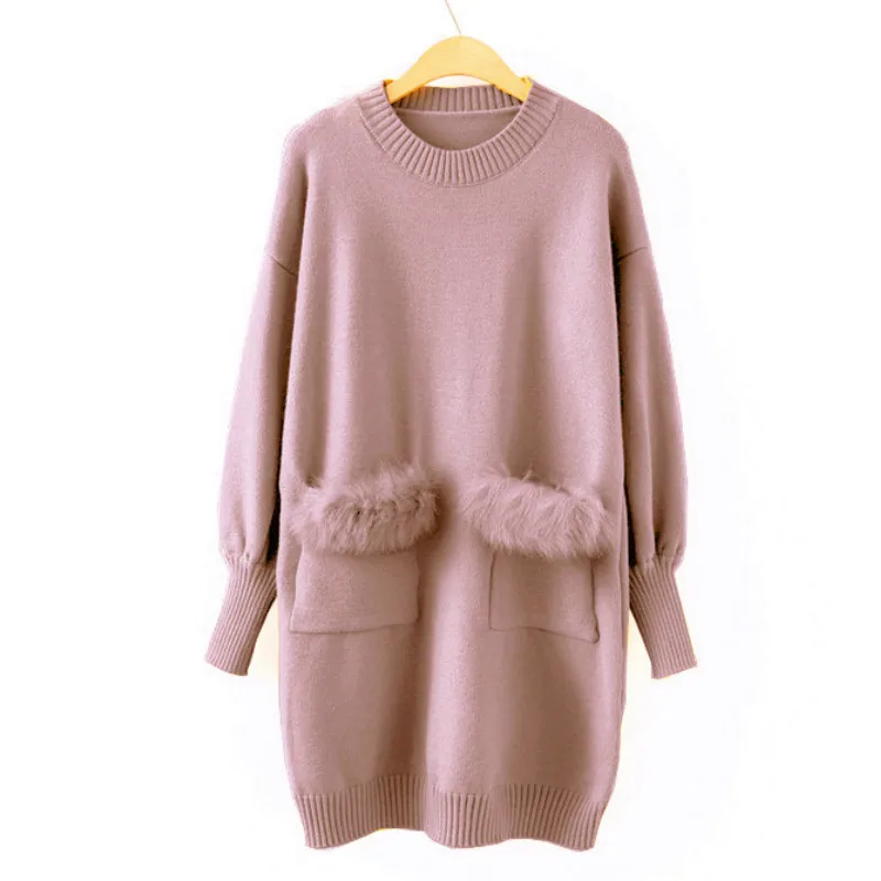 Winter Long Knitted Sweater Dress Loose Long-sleeved Women's Faux Fur Rabbit Hair Stitching Double Pockets Pullover Tops | Женская