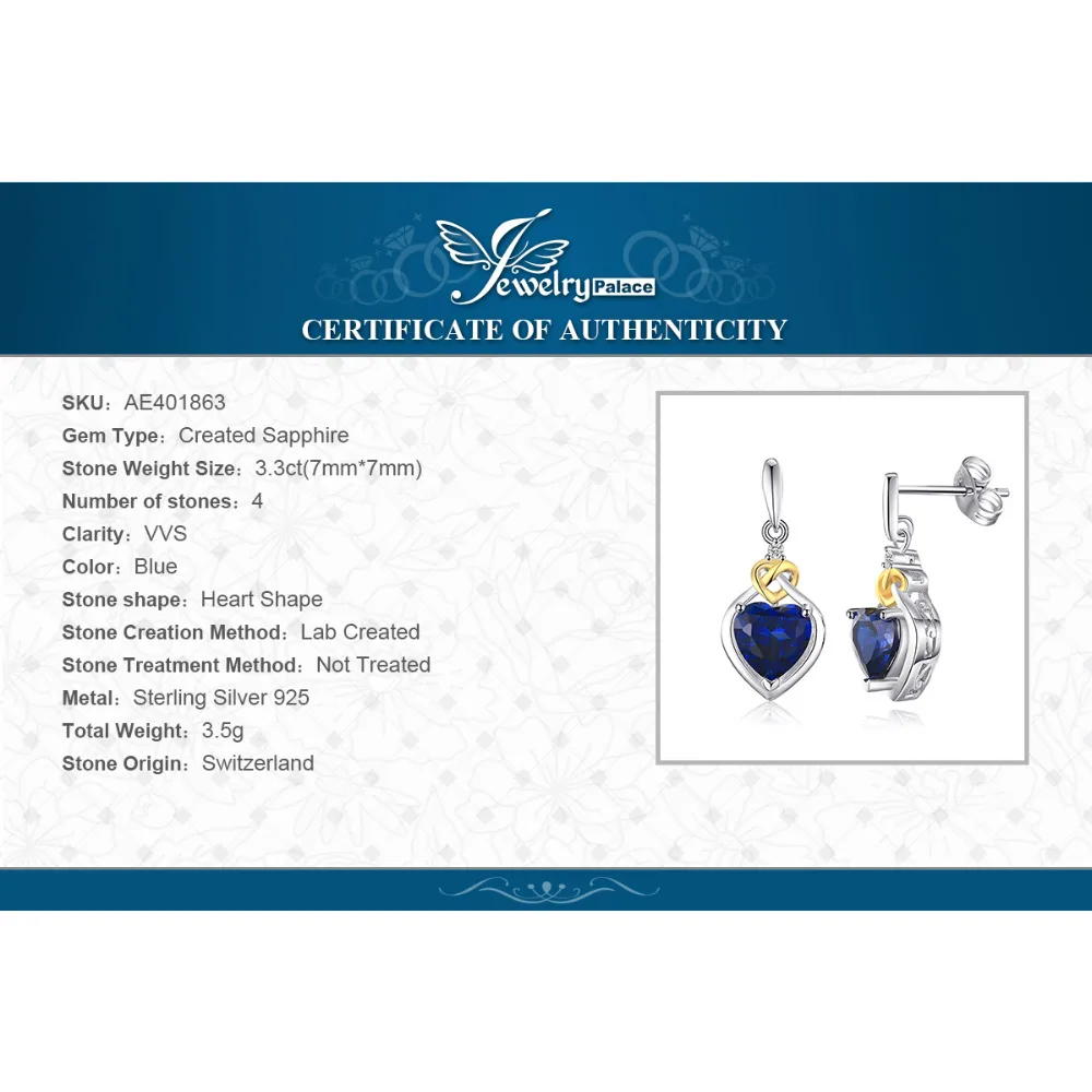 JewelryPalace Love Heart 3.4ct Heart-Shaped Created Sapphires Drop Earrings 925 Sterling Silver Fashion Jewelry Romantic Gifts | Украшения