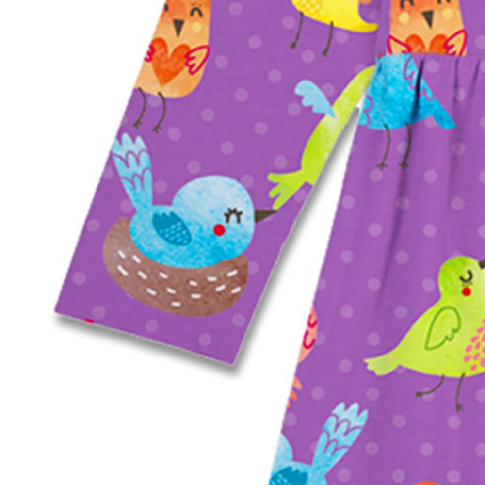 Sunshine Swing Purple Chidren Girl A-line Dress Long Sleeve Cartoon Bird Printed Kids Princess Clothing | Детская одежда и обувь