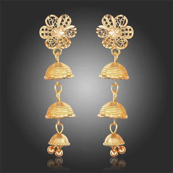 Yellow Gold Color Cut Out Flower Filigree Layered Bell Drop Dangle Chandelier Long Earrings For Women Aros Pendientes Jewelry|earings silver|earrings
