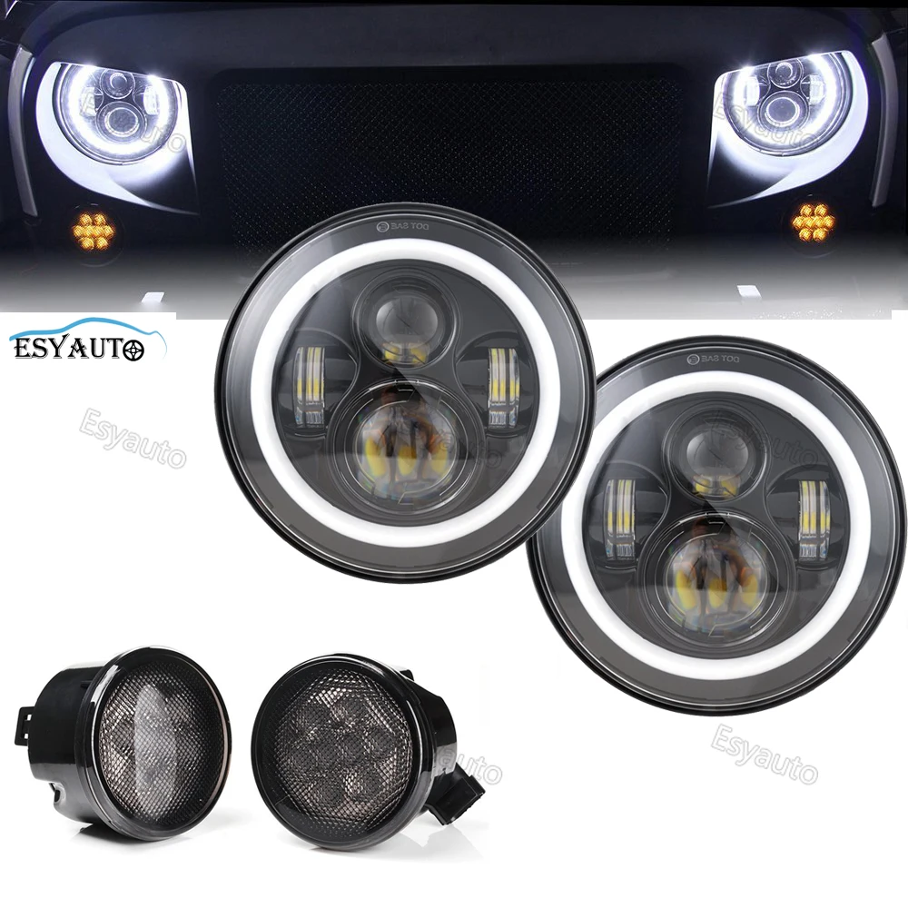 

7-дюймовый налобный фонарь с ангельским глазом, светодиодный налобный фонарь с кольцом ореола + желтый передний светодиодный поворотный цве...