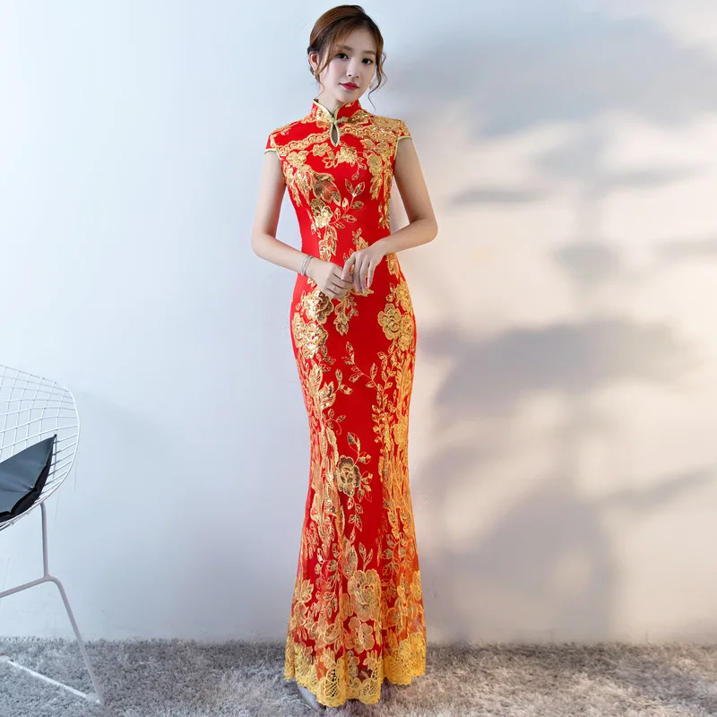 Новое китайское традиционное платье женское тонкое Cheongsam вышивка блестками современные восточные длинные Qipao вечерние платья