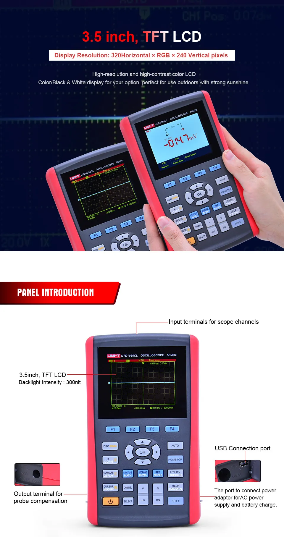 UNI-T UTD1025CL Ручной цифровой осциллограф и мультиметр одноканальный 25 МГц полоса пропускания, 200 мс/с частота дискретизации