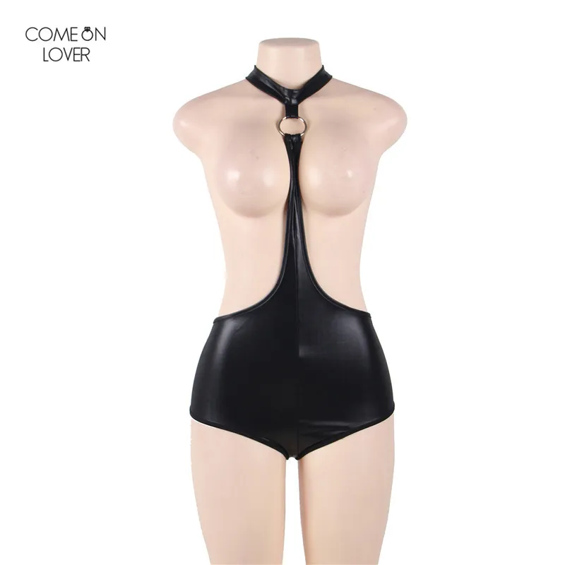 Black Teddy Comeonlover женское белье из искусственной кожи пикантный открытый бюстгальтер нижнее белье чокер Тедди без рукавов комбинация-стринги Прозрачный купальник RT80600 - Цвет: Black Teddy