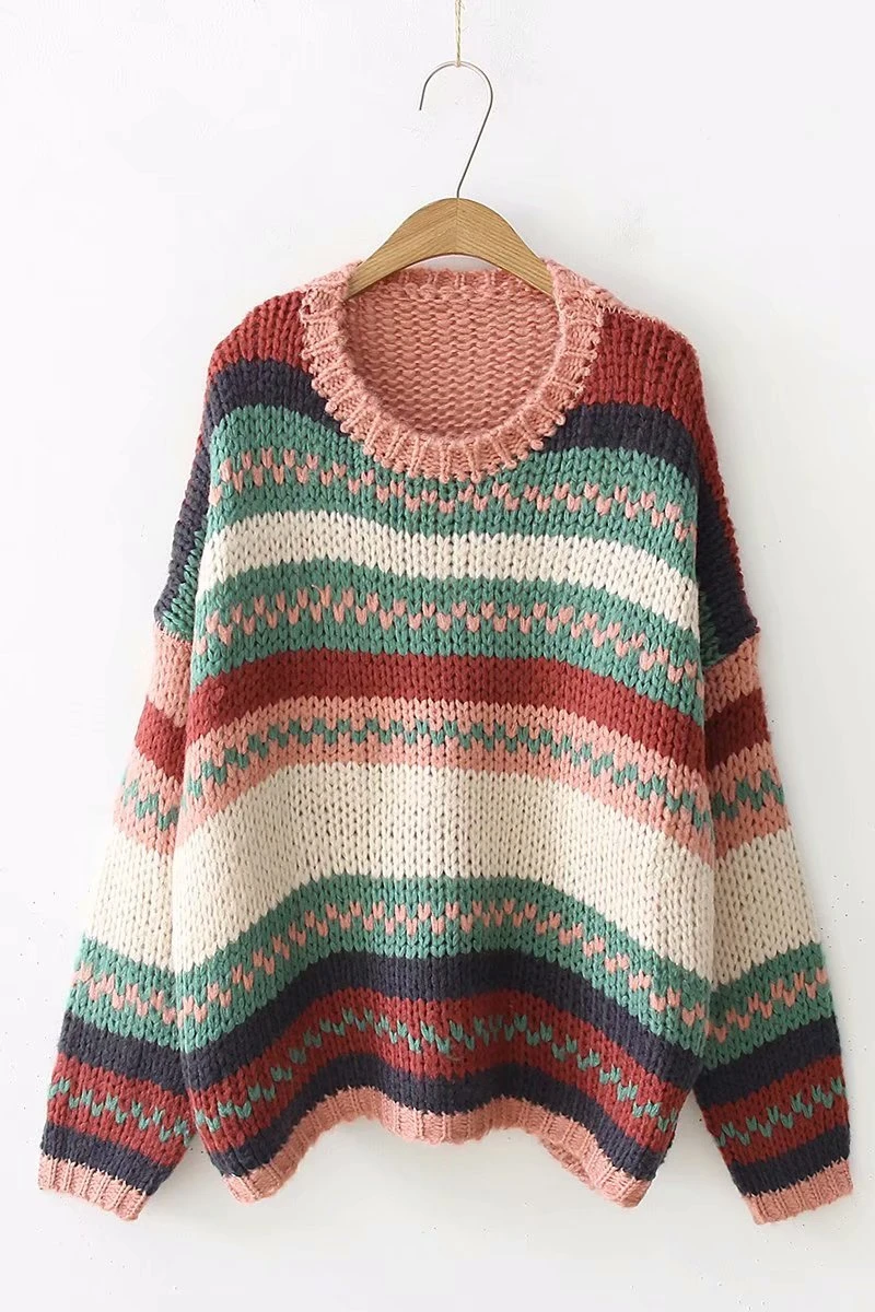 2019 Autumn/Winter New Loose Coarse Lazy Wind Sweater Female Thickened Color Striped Rainbow Women Pullovers | Женская одежда