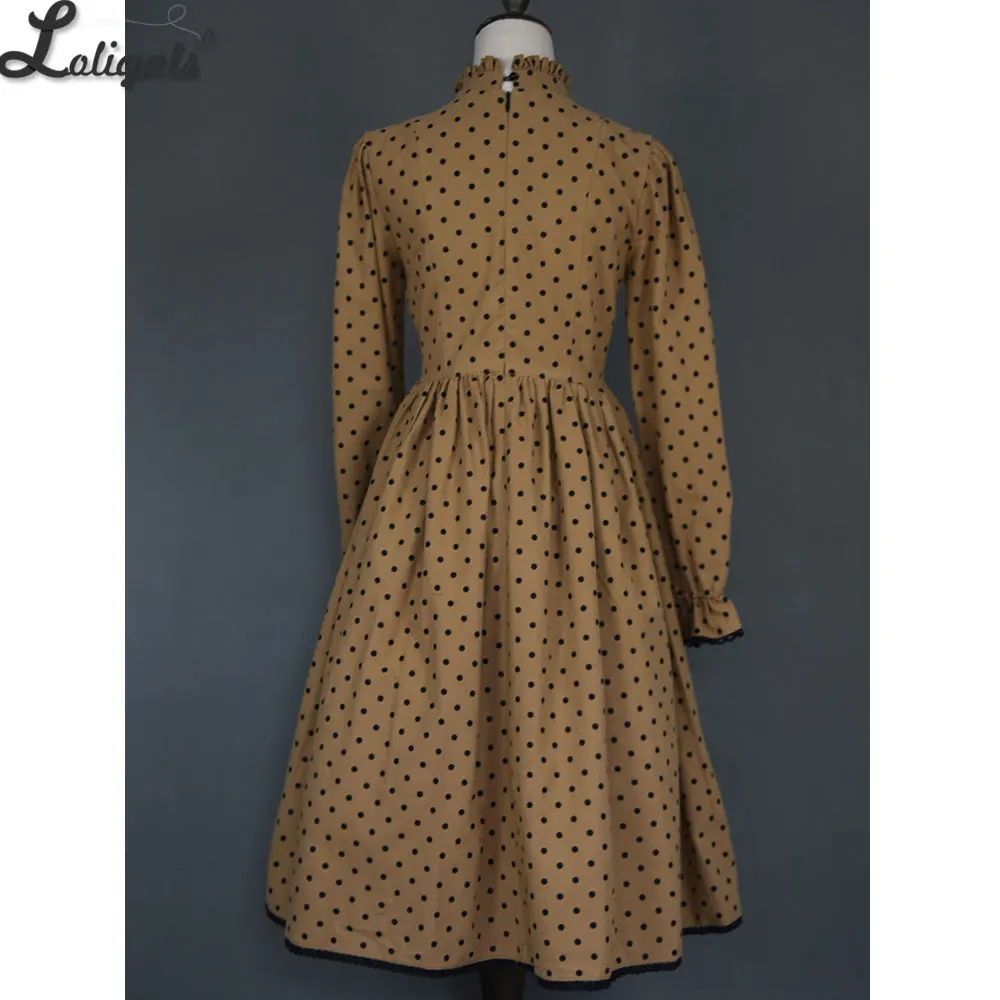 Милое винтажное платье в горошек с длинными рукавами повседневное Хлопковое
