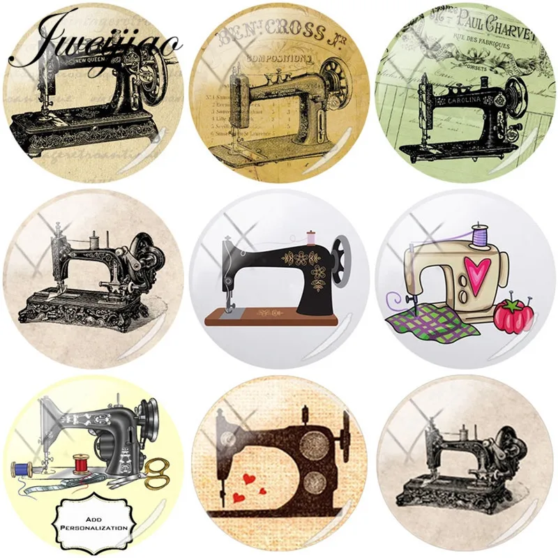 

JWEIJIAO Vintage Sewing Machine Round Glass Picture DIY Necklace Pendant Accessories Handmade Glass Dome Making NS408