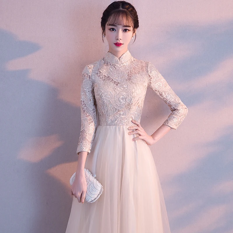 Классический воротник мандарина шампанского Cheongsam винтаж Улучшенный тонкий цветок Ципао подружки невесты Полная длина Свадебное платье Vestidos