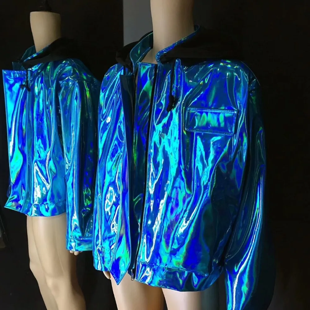Flashing Blue Jacket Loose Baseball Coat Tide Male Singer HIP HOP Rock Costume Nightclub Performance Stage Wear Dance Outfits | Мужская