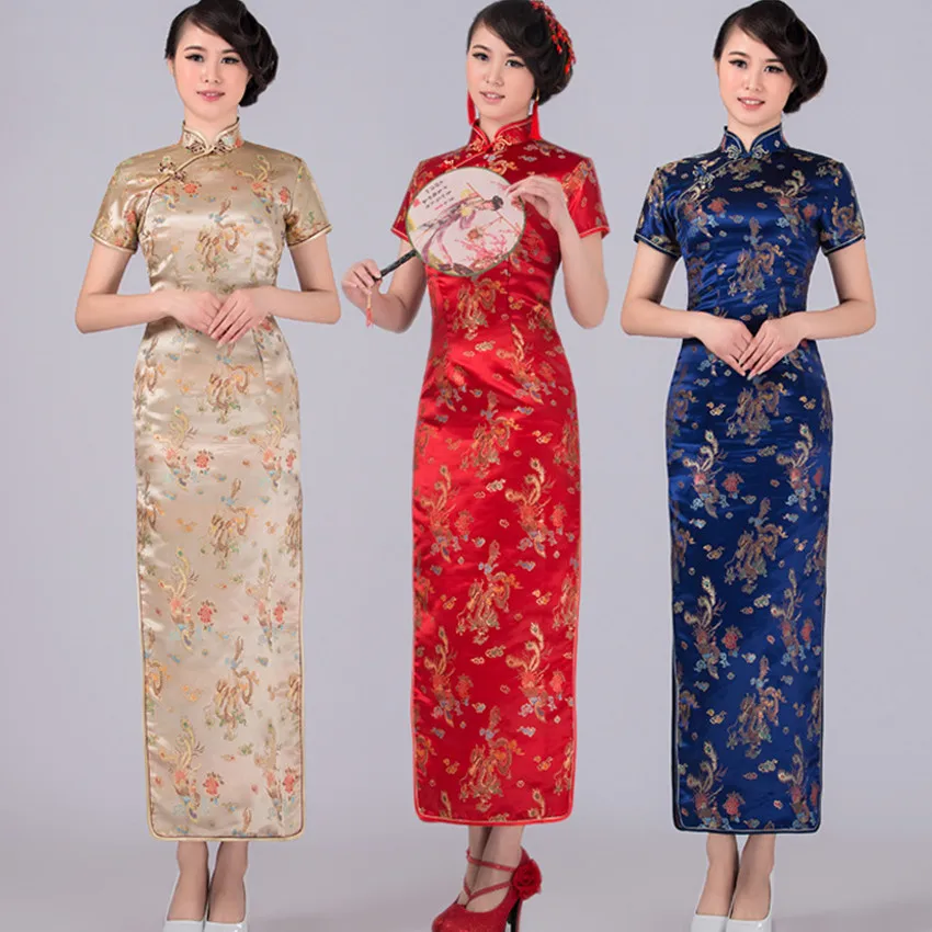 Красное китайское традиционное платье для женщин атласное Qipao дракон Феникс