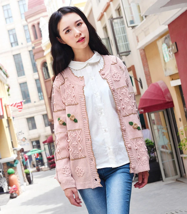 Mori Girl Casual Cute Wave Edge Knitted Women Cardigan Sweater 2017 Autumn Winter Long Sleeve O neck Floral Embroidery |