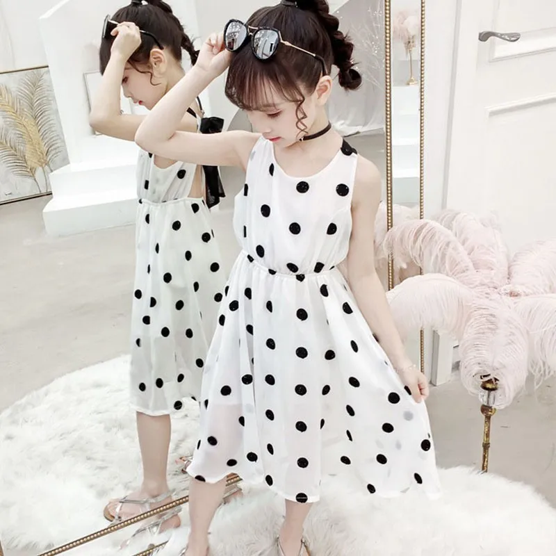 Sleeveless Princess Dress Girl Dot White Holiday Beach Dresses Clothing Backless Chiffon Summer Children Teen For Girls | Детская одежда