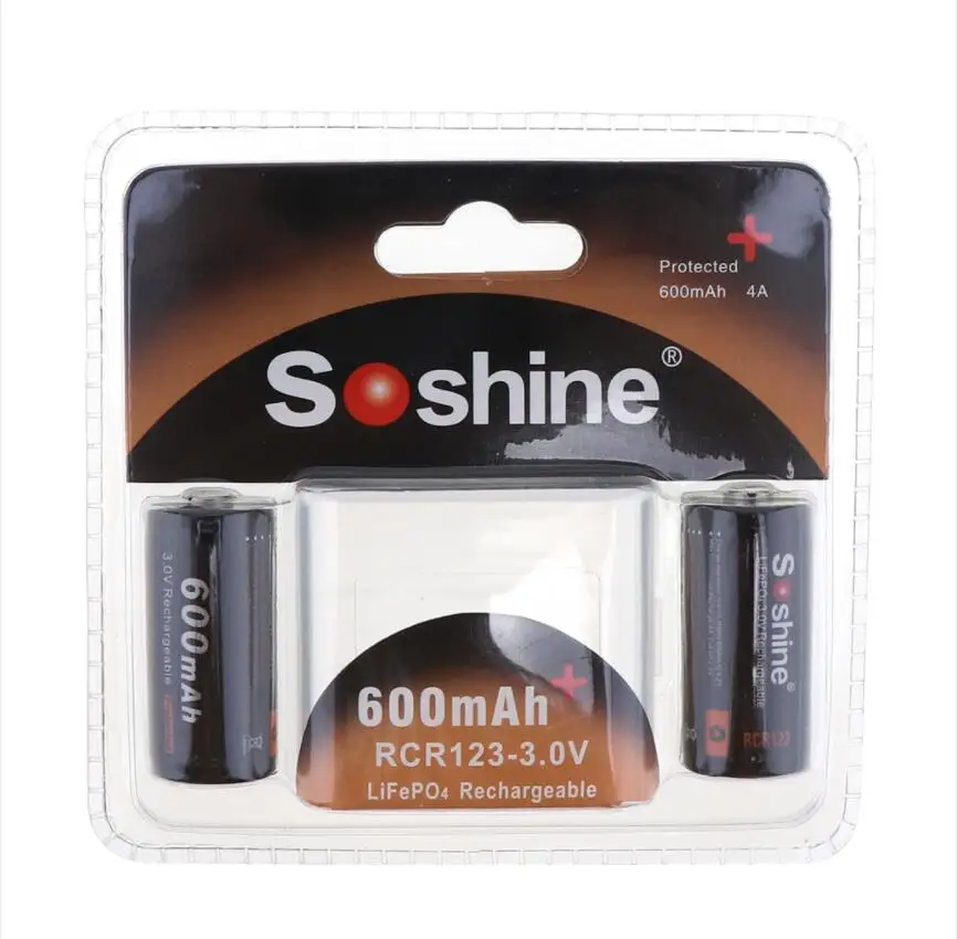 2 шт. Soshine LiFePO4 RCR123 16340 600 мАч 3 в перезаряжаемая батарея с защищенной печатной