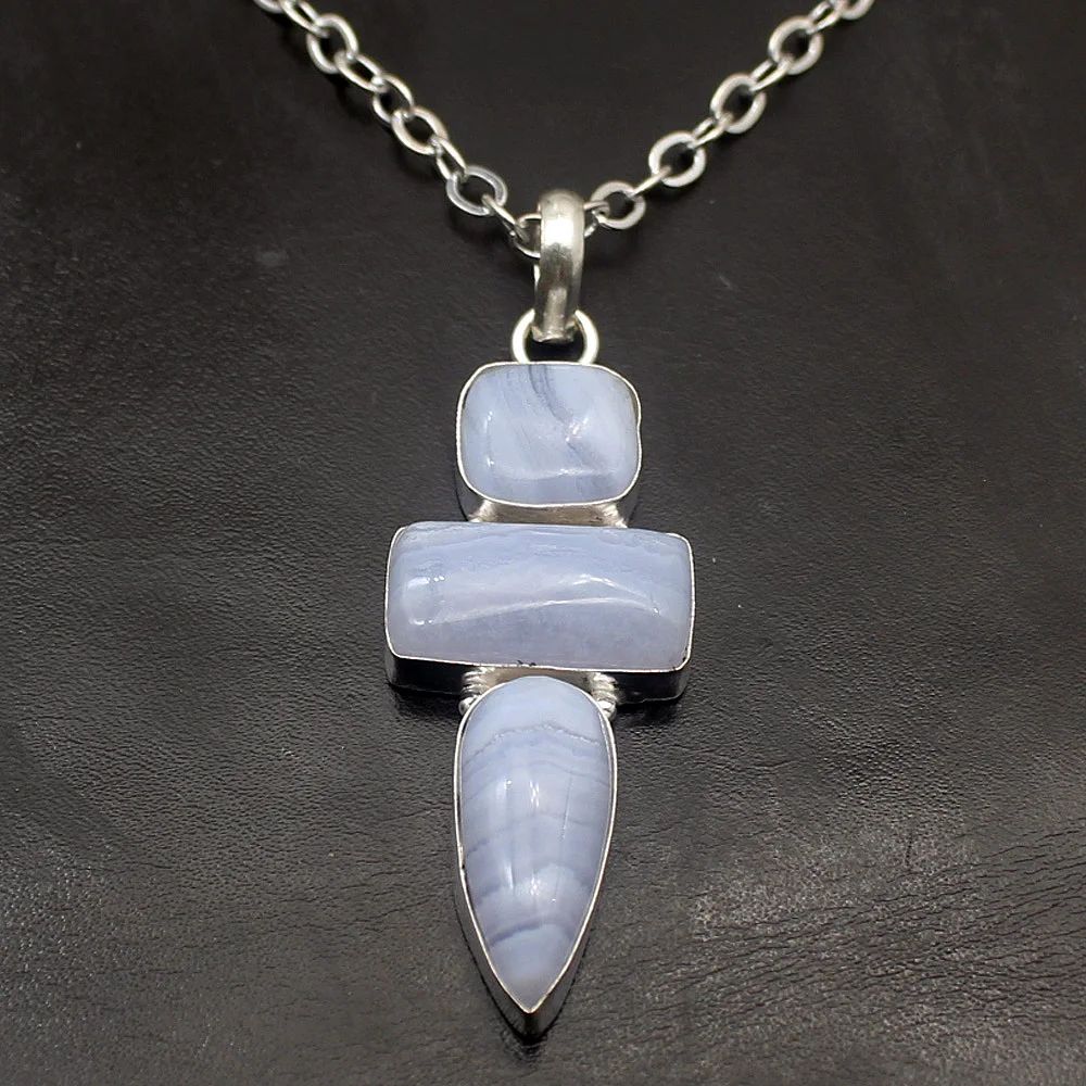 

Rare Stylish BotswanaAgate Trendy 925 Sterling Silver Color Charm Necklace Pendant 2 5/8" TF472